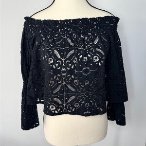 Zara Black Lace Off Shoulder Top | Bell Sleeve Boho Crop Blouse | Size M